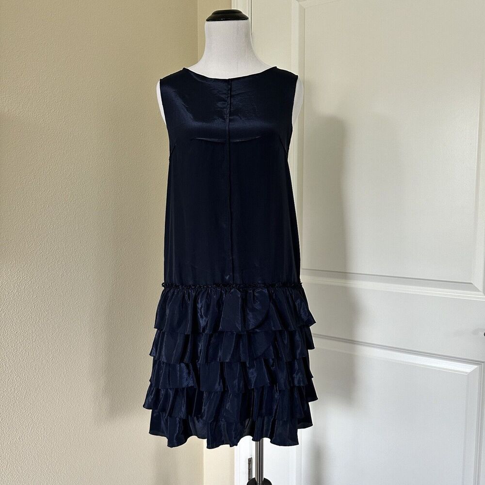 Cocktail Vintage Flapper Tiered Ruffle Navy Shift Dress Satin Finish Sz S/ US 4